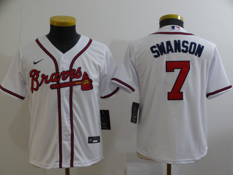 2021 Youth Atlanta Braves 7 Swanson white Nike Game MLB Jerseys